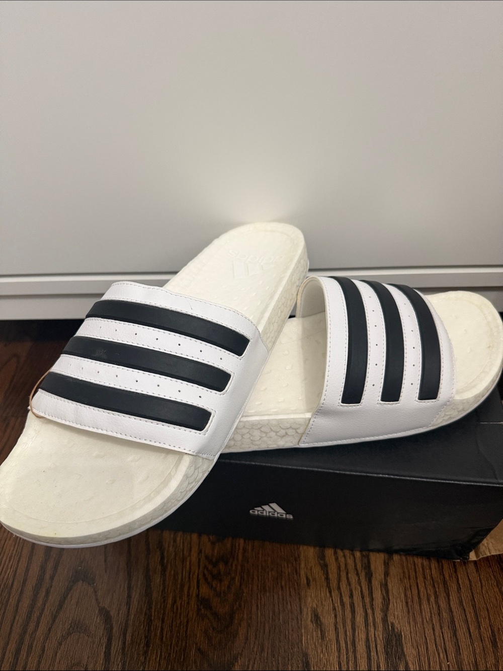 adidas White Slide Sandals with Black Stripes